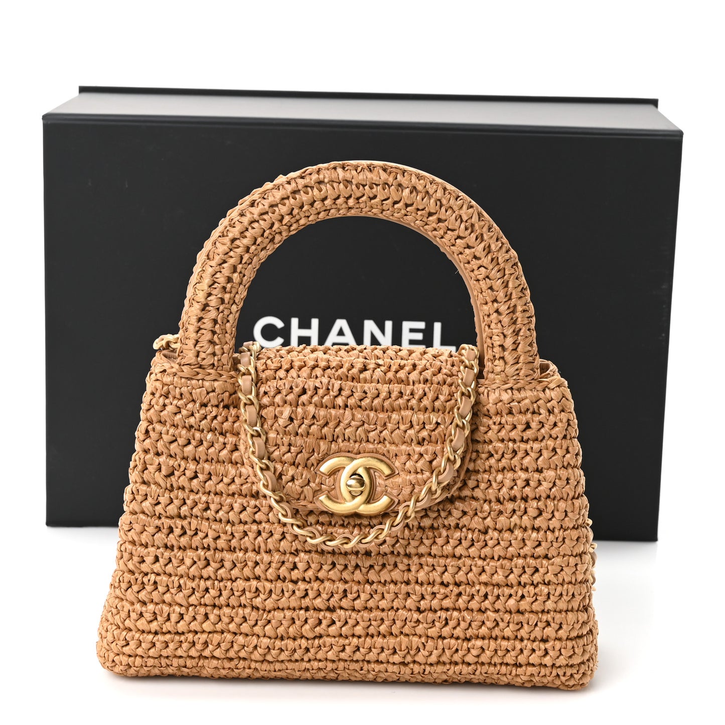 Braided Raffia Nano Kelly Flap Bag Dark Beige