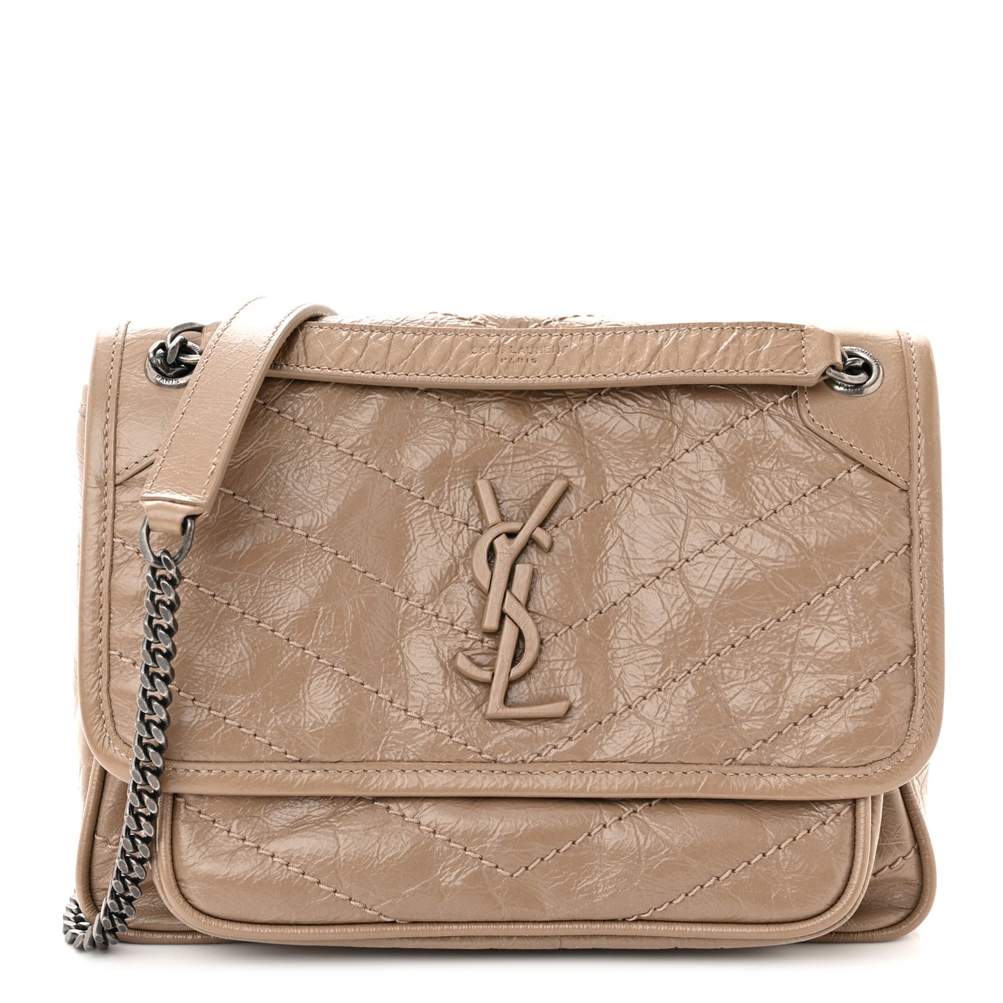 SAINT LAURENT Crinkled Calfskin Matelasse Monogram Baby Niki Chain Satchel Light Taupe