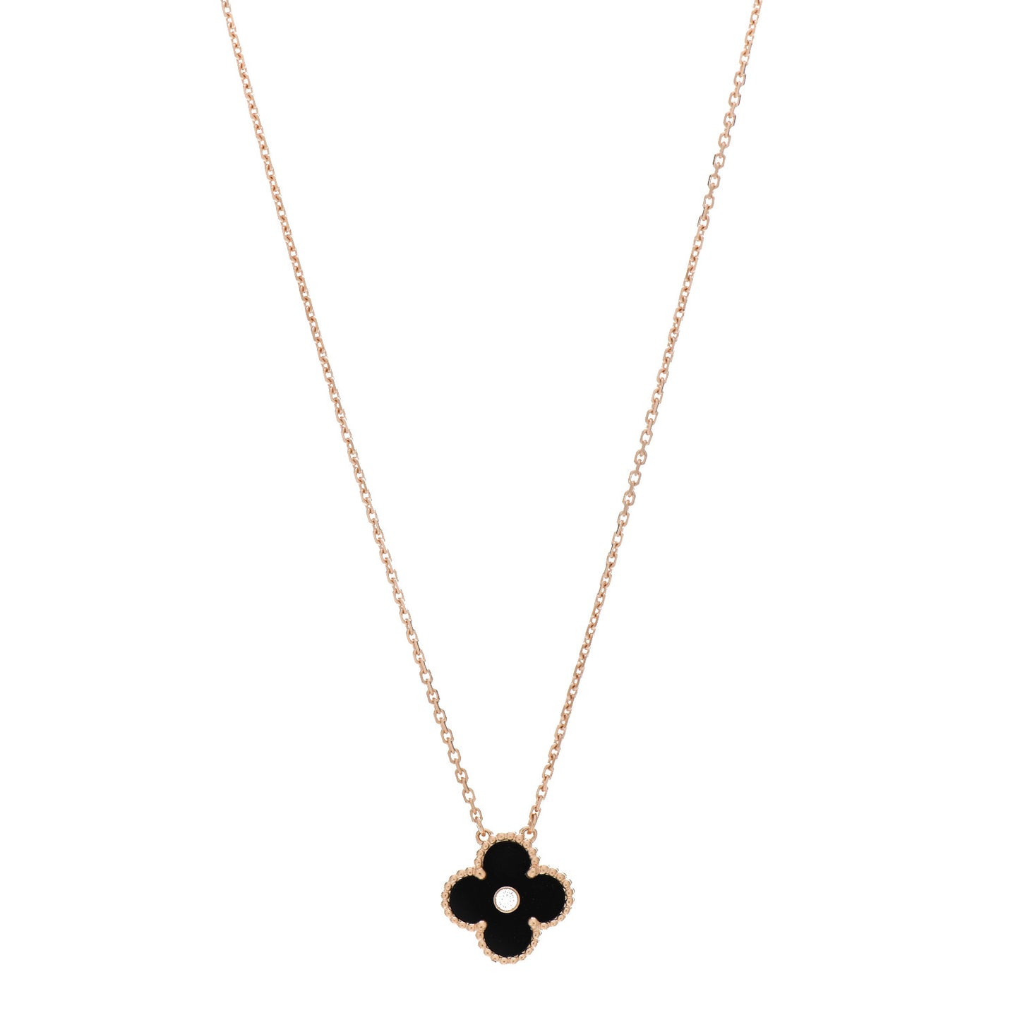 18K Rose Gold Diamond Black Onyx Vintage Alhambra Pendant Necklace