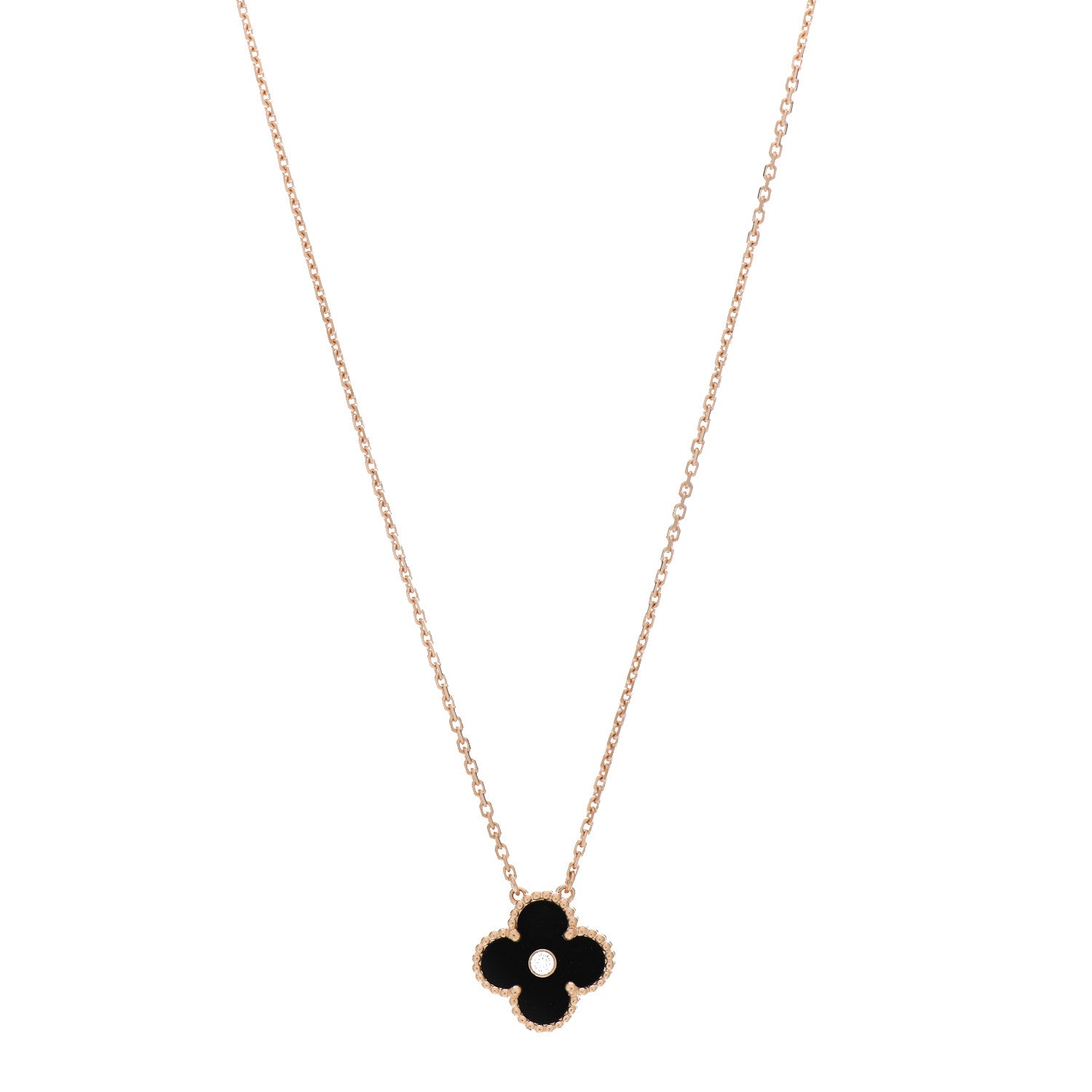 Van Cleef & Arpels 18K Rose Gold Diamond Black Onyx Vintage Alhambra Pendant Necklace 1 of 6