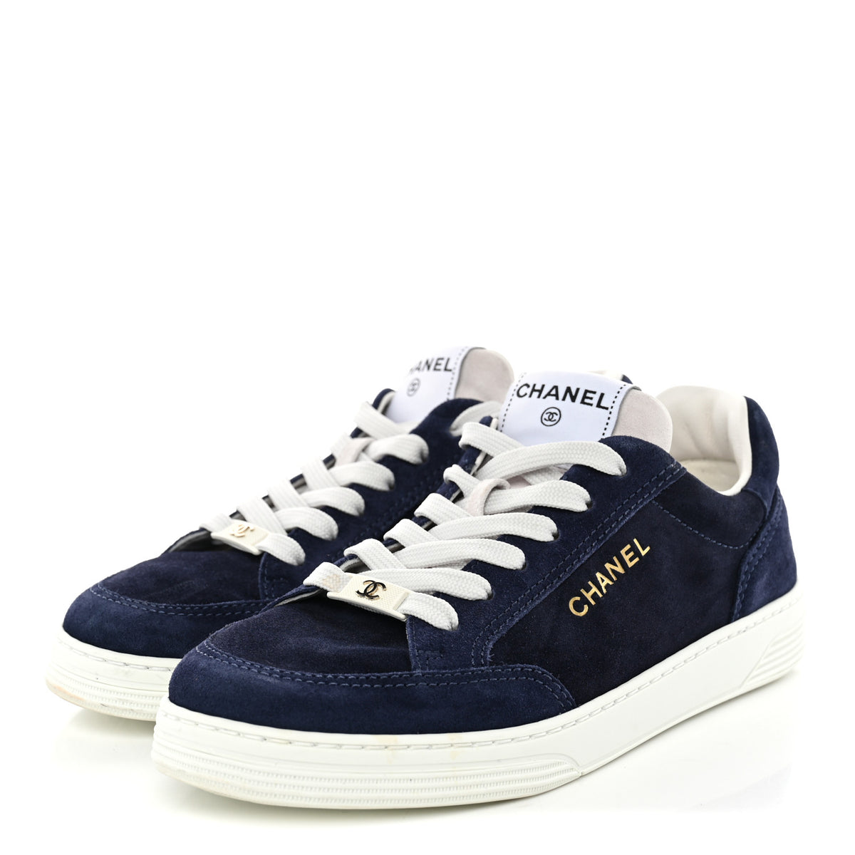 Chanel Suede Calfskin Womens CC Logo Sneakers 38 Navy 4 of 11