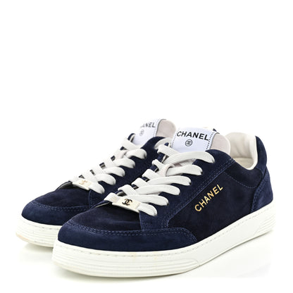 Chanel Suede Calfskin Womens CC Logo Sneakers 38 Navy 4 of 11