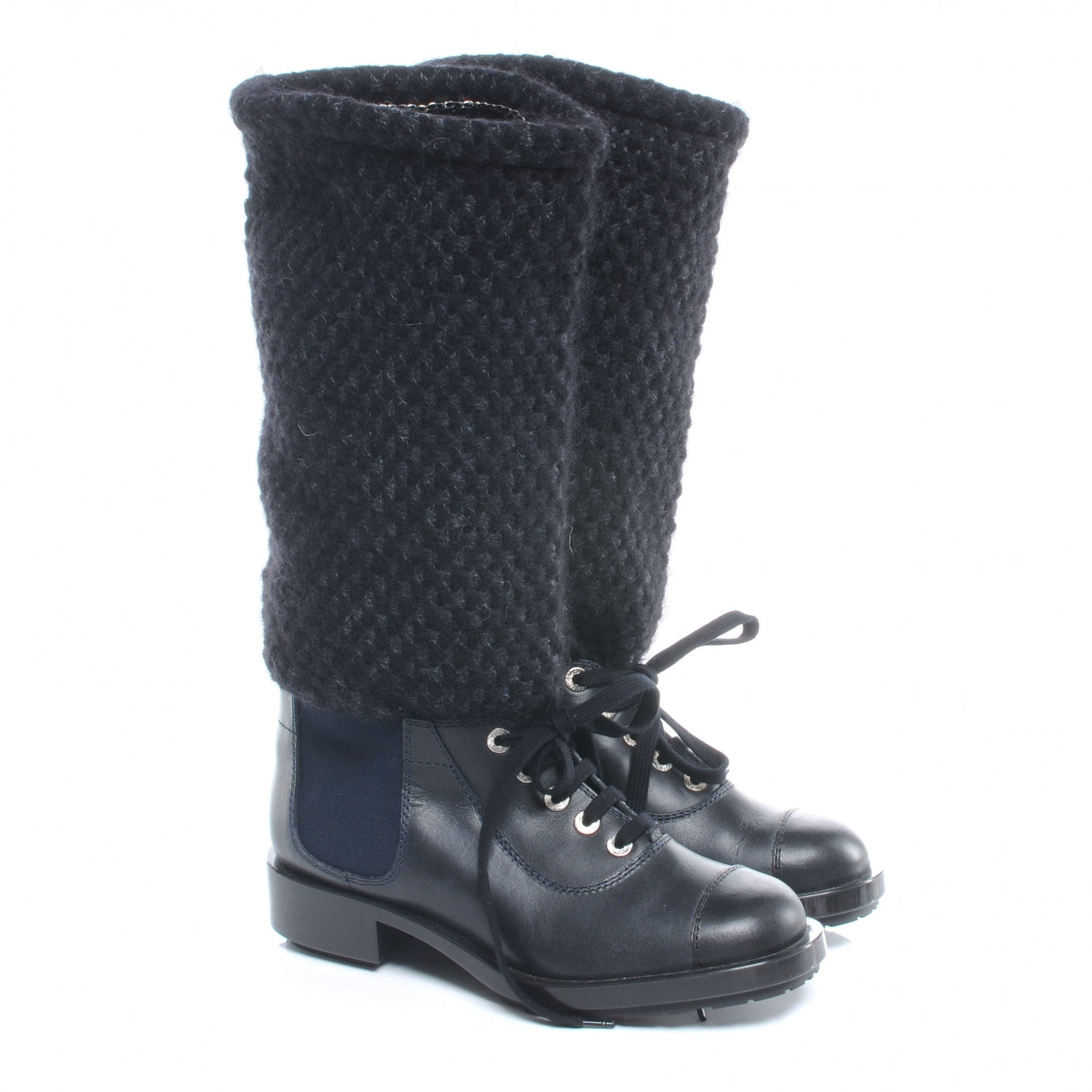 Chanel Tweed Leather Combat Boots 37 Navy 3 of 5