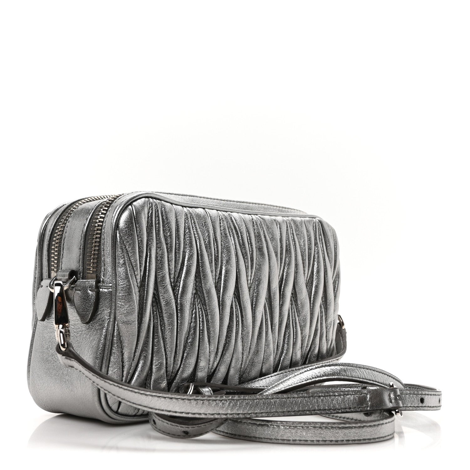 Miu Miu Metallic Nappa Matelasse Double Zip Pochette Clutch Cromo