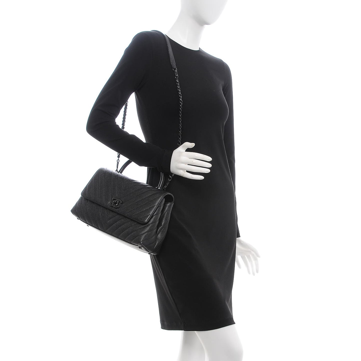 Caviar Chevron Quilted Small Coco Handle Flap So Black