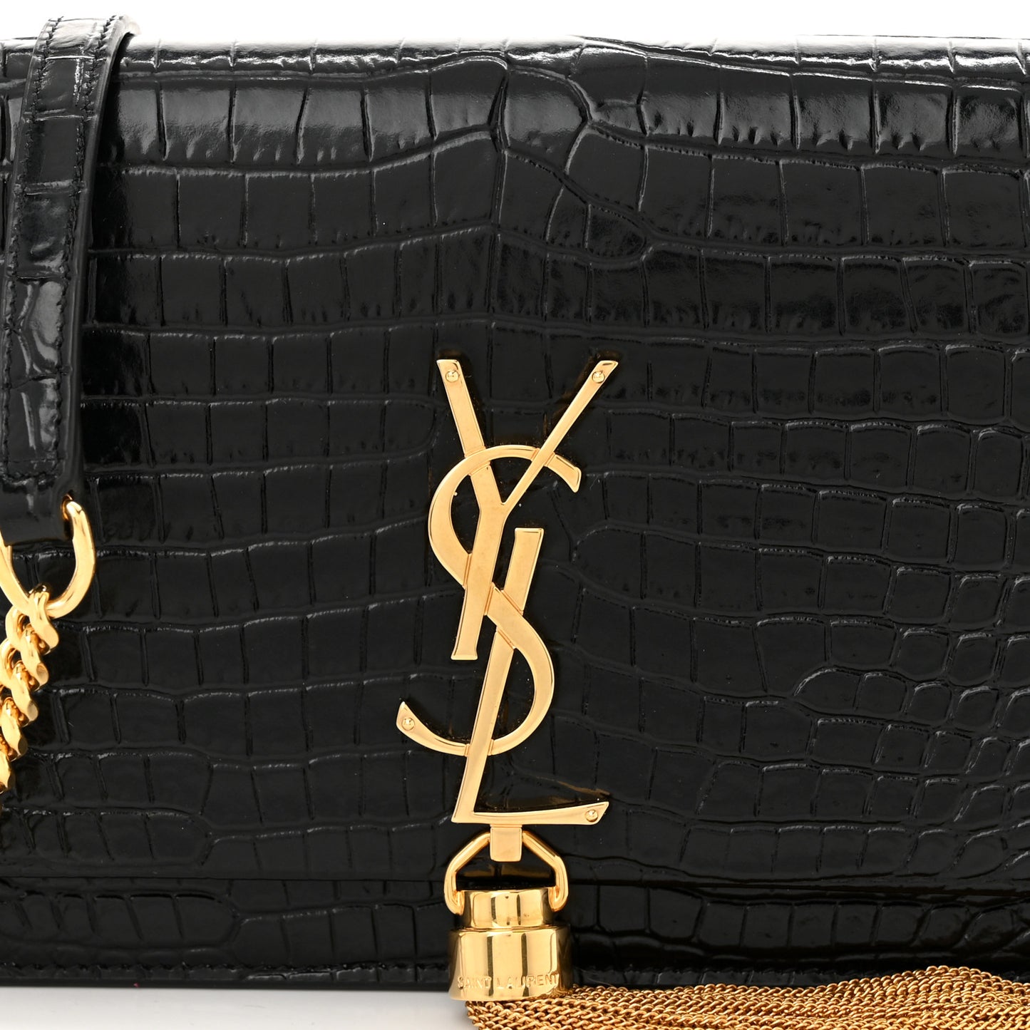 Calfskin Crocodile Embossed Kate Monogram Tassel Chain Wallet Black