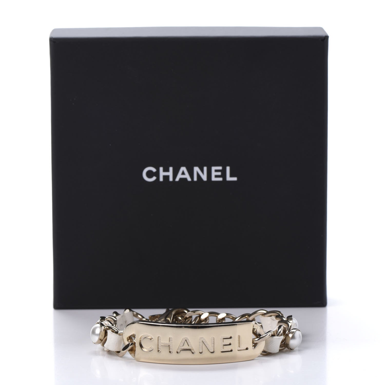 Chanel Metal Lambskin Pearl Name Plate Bracelet White Gold 5 of 5