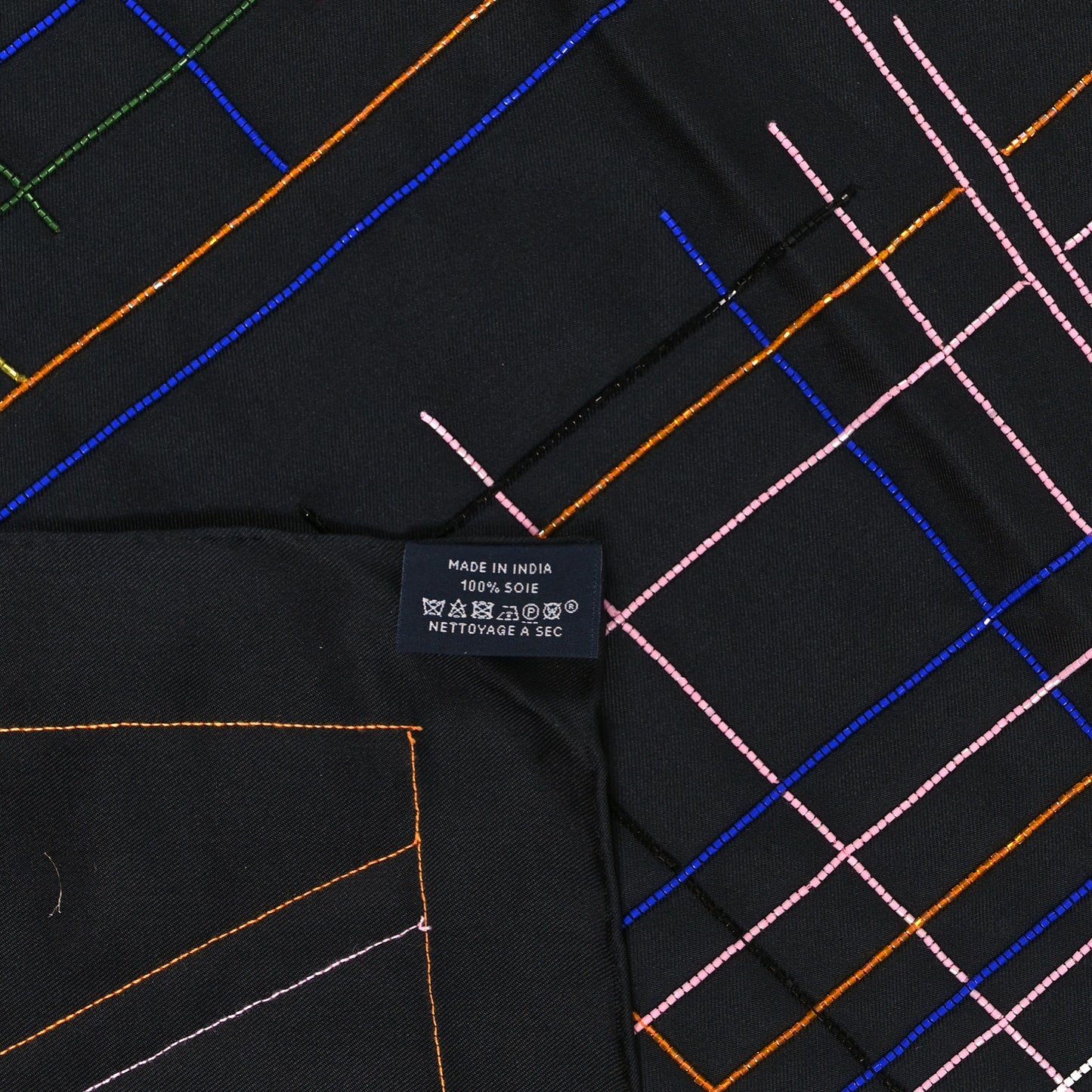 Silk Embroidered Giant Pique Sellier Perle Scarf 140 Black Multicolor