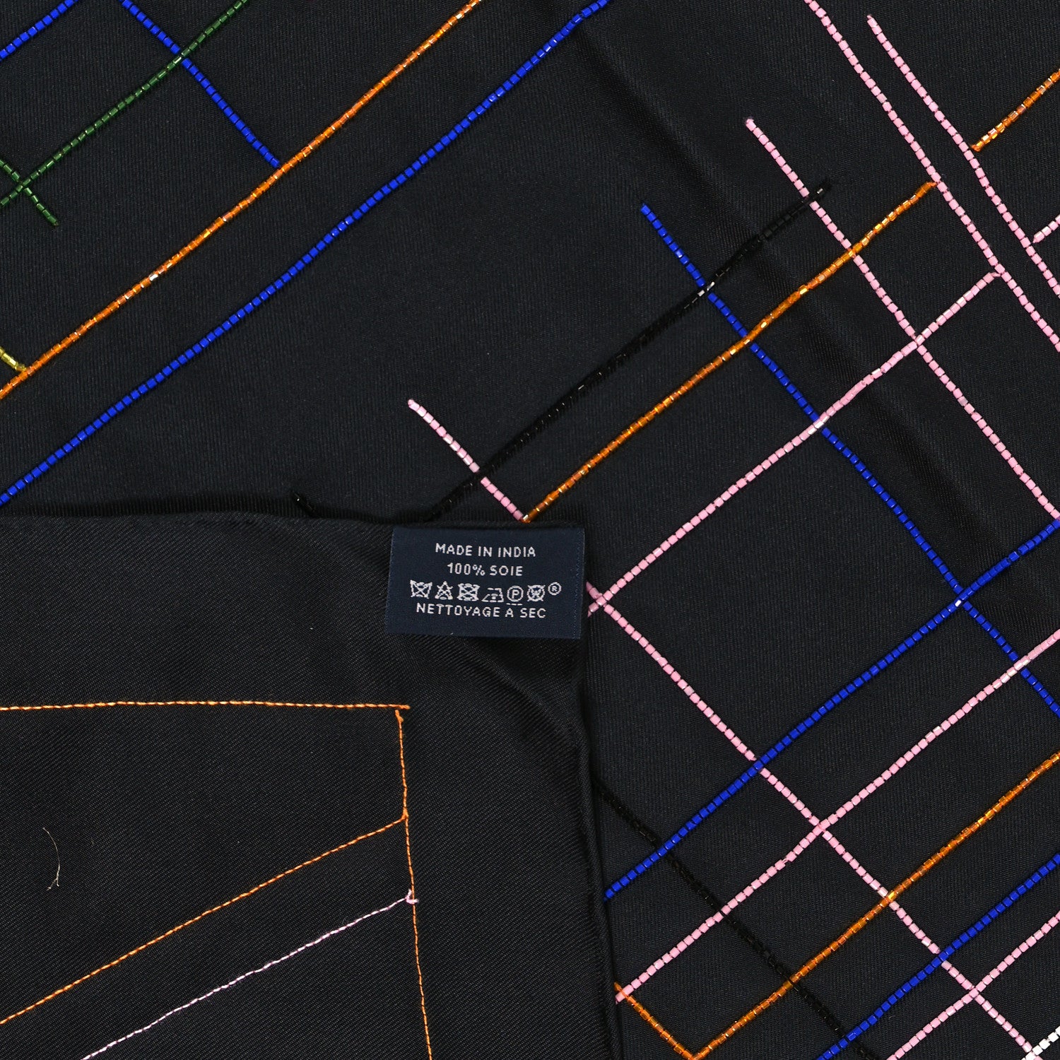 Hermes Silk Embroidered Giant Pique Sellier Perle Scarf 140 Black Multicolor 3 of 3