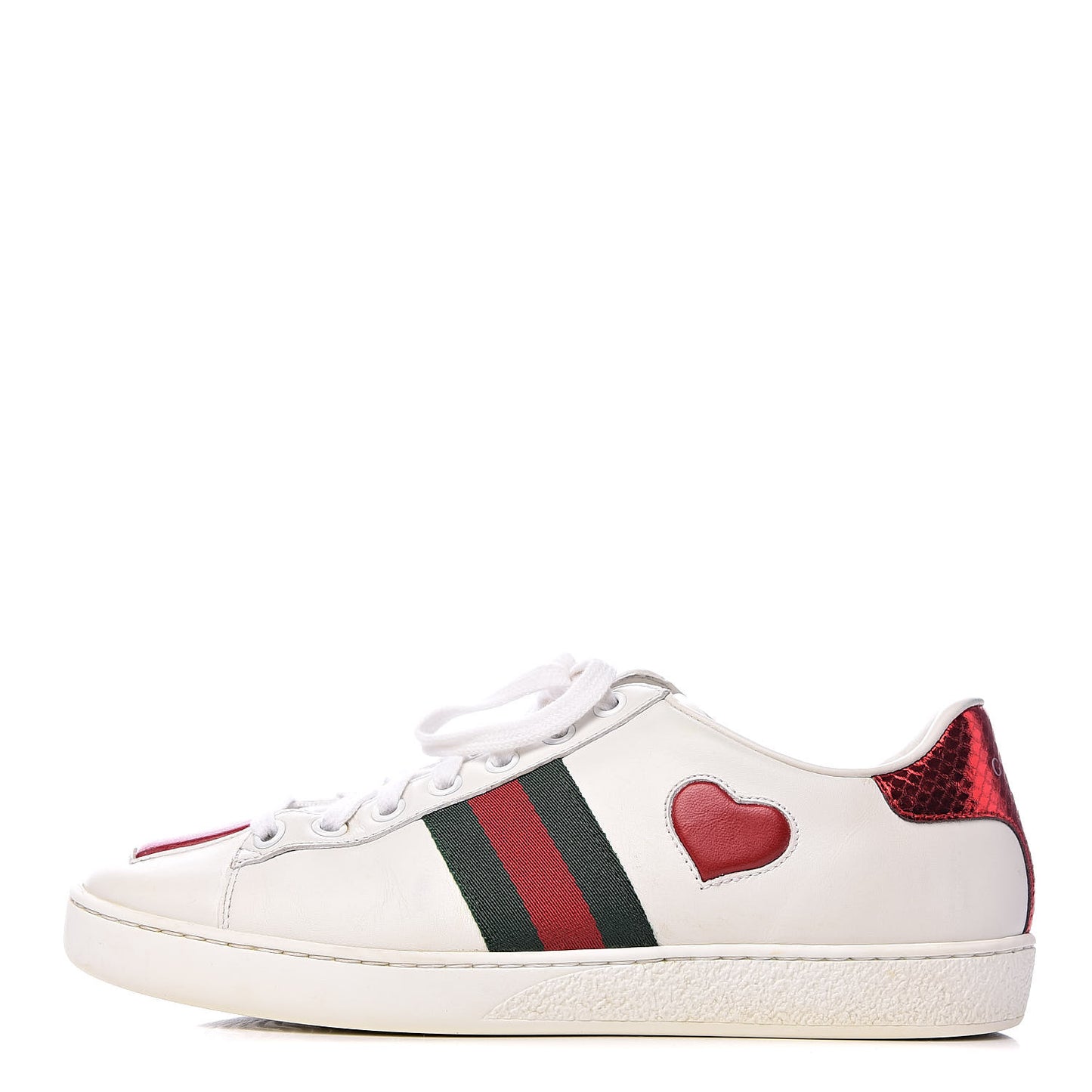 Calfskin Web Heart Embroidered Womens Ace Sneakers 37 White