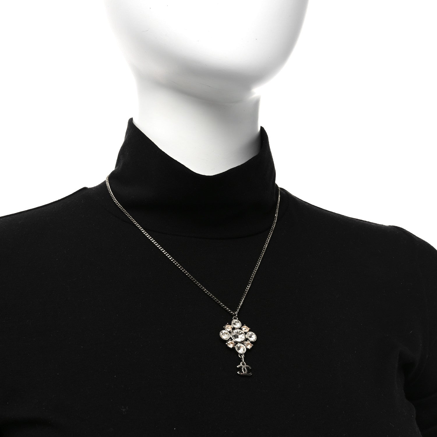 Chanel Crystal CC Drop Pendant Necklace Silver 2 of 5