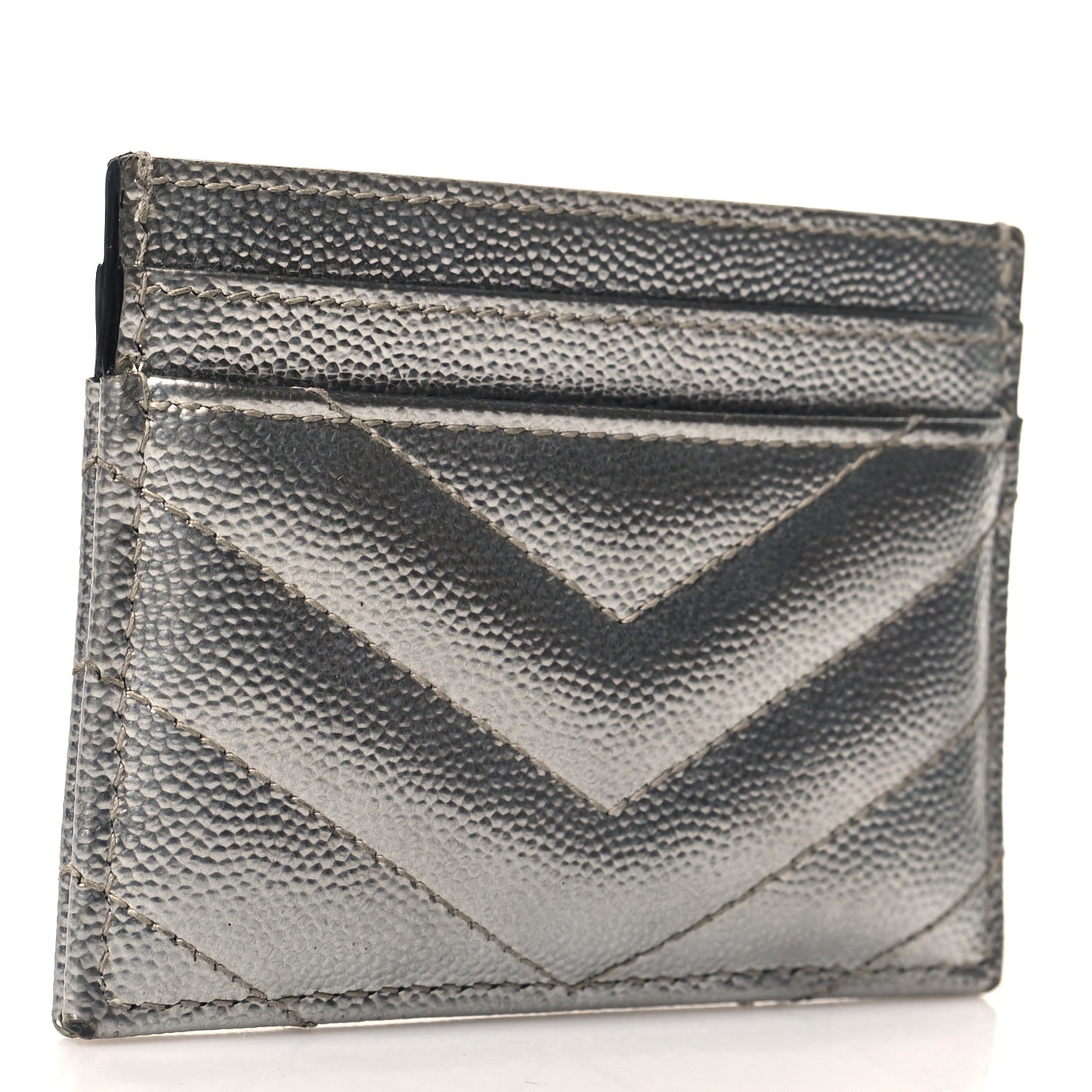 Metallic Grain De Poudre Matelasse Chevron Monogram Credit Card Case Argento