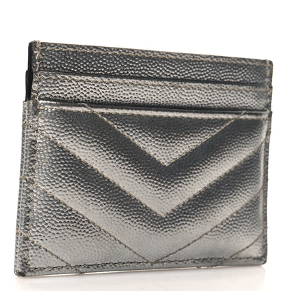 Saint Laurent Metallic Grain De Poudre Matelasse Chevron Monogram Credit Card Case Argento 3 of 10