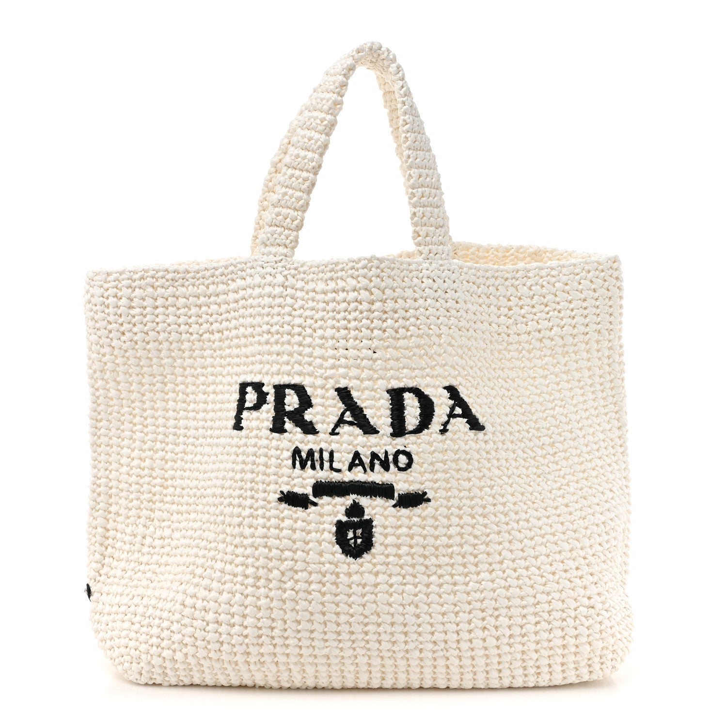 Prada Yarn Raffia Effect Crochet Embroidered Large Logo Tote White 1 of 9
