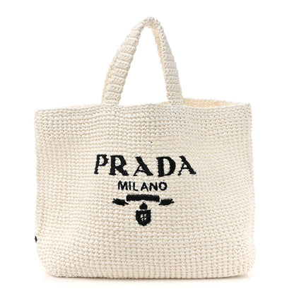 Prada Yarn Raffia Effect Crochet Embroidered Large Logo Tote White 1 of 9