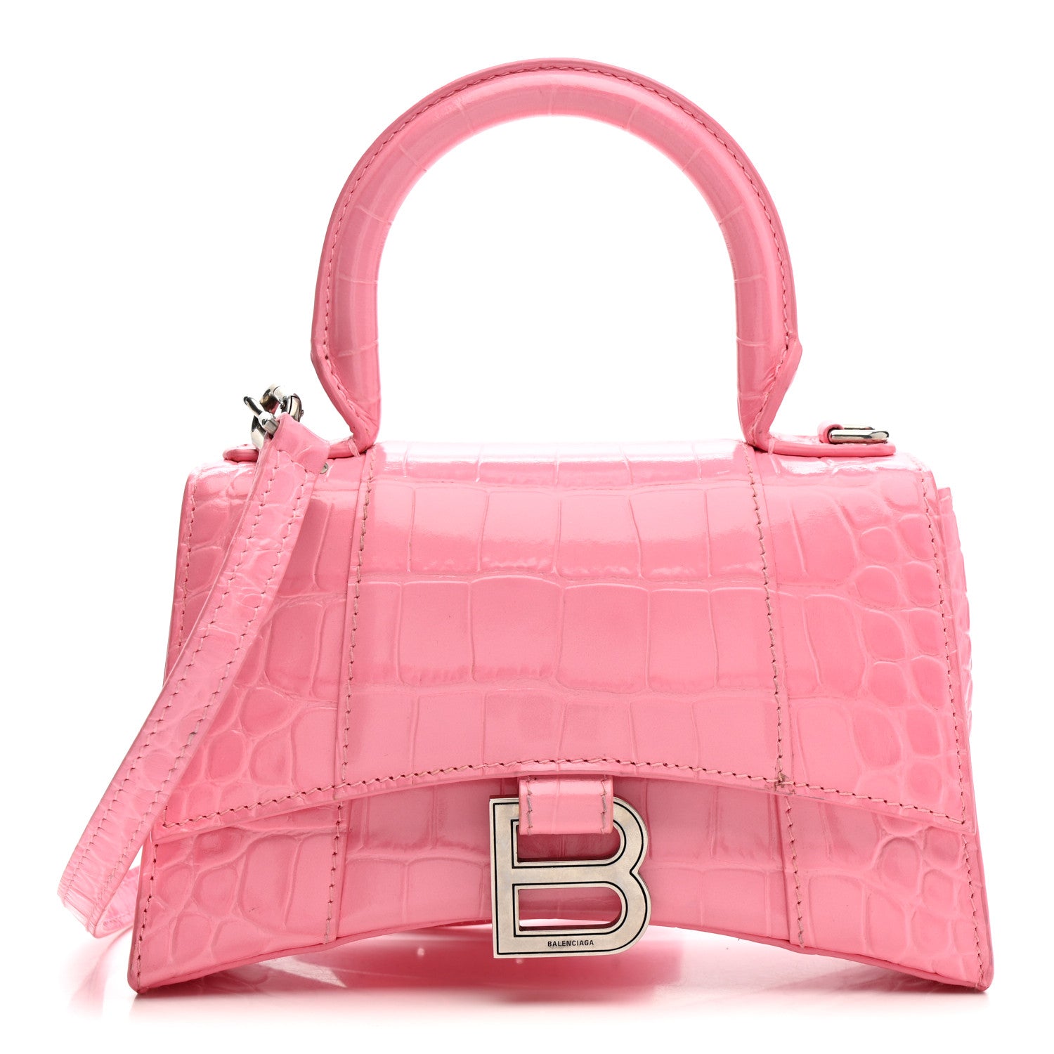 Balenciaga Shiny Calfskin Crocodile Embossed Hourglass Top Handle Bag XS Sweet Pink 1 of 14