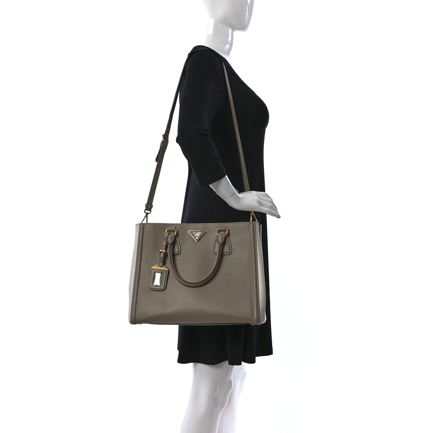 Saffiano Lux Medium Bi-Color Tote Visone Talco