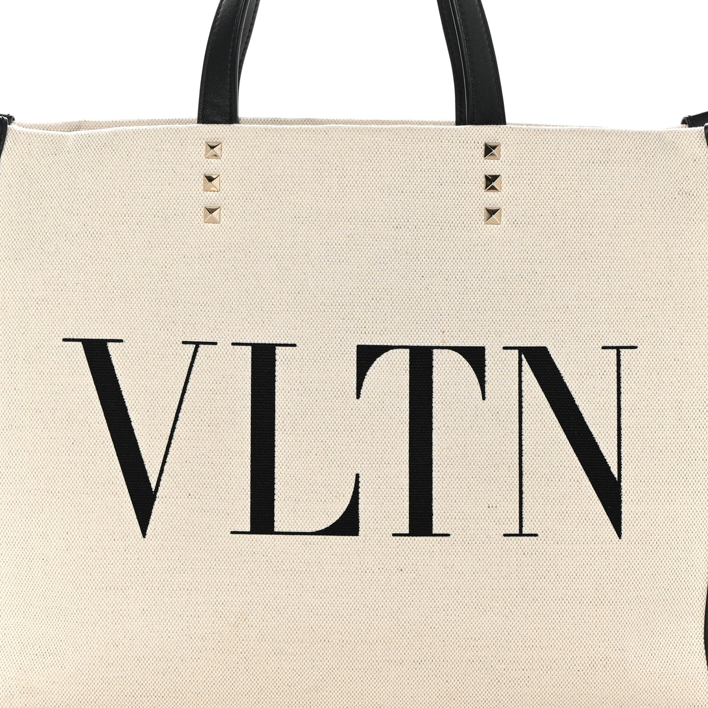 Canvas Calfskin VLTN Print Small Rockstud Tote Naturale Black