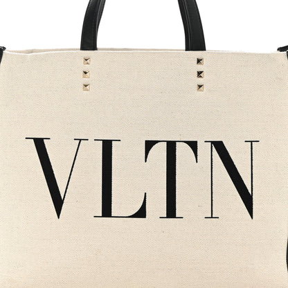 Valentino Garavani Canvas Calfskin VLTN Print Small Rockstud Tote Naturale Black 7 of 11