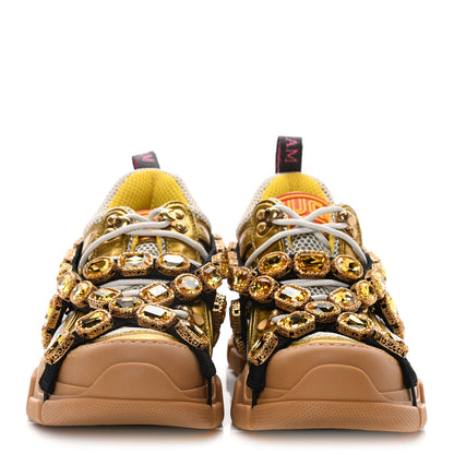 Gucci X SEGA Metallic Calfskin Mesh Removable Crystals Womens Flashtrek Sneakers 37 Oro Vecchio Mystic White Silver 2 of 10