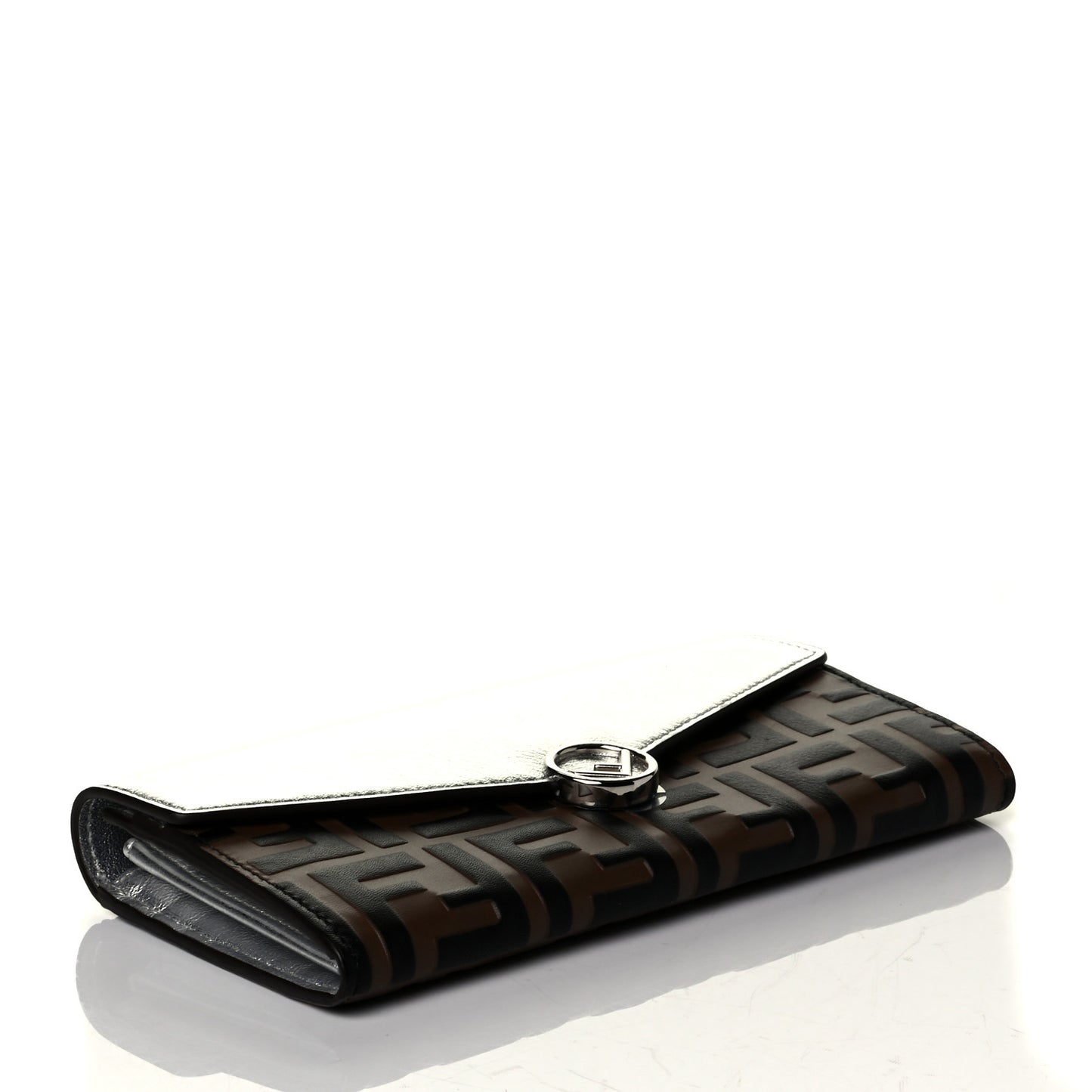 Vitello Soft Catalan Mirror F is Fendi Bi-Color FF 1974 Embossed Continental Envelope Wallet Maya Black Argento