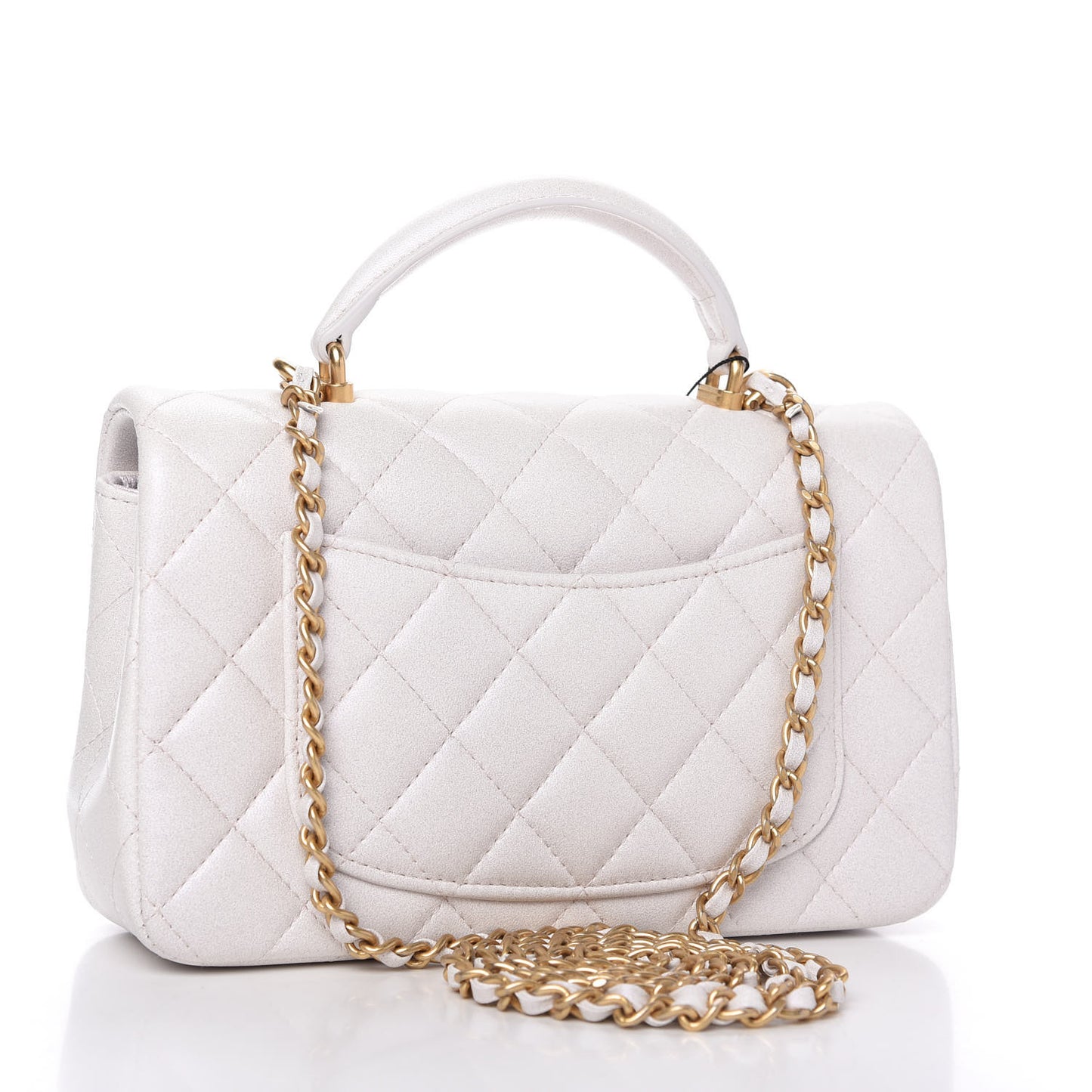 Iridescent Lambskin Quilted Mini Top Handle Rectangular Flap White