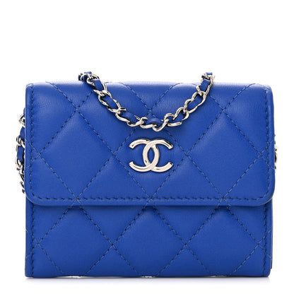 Chanel Lambskin Quilted Flap Card Holder On Chain Blue 1 of 12