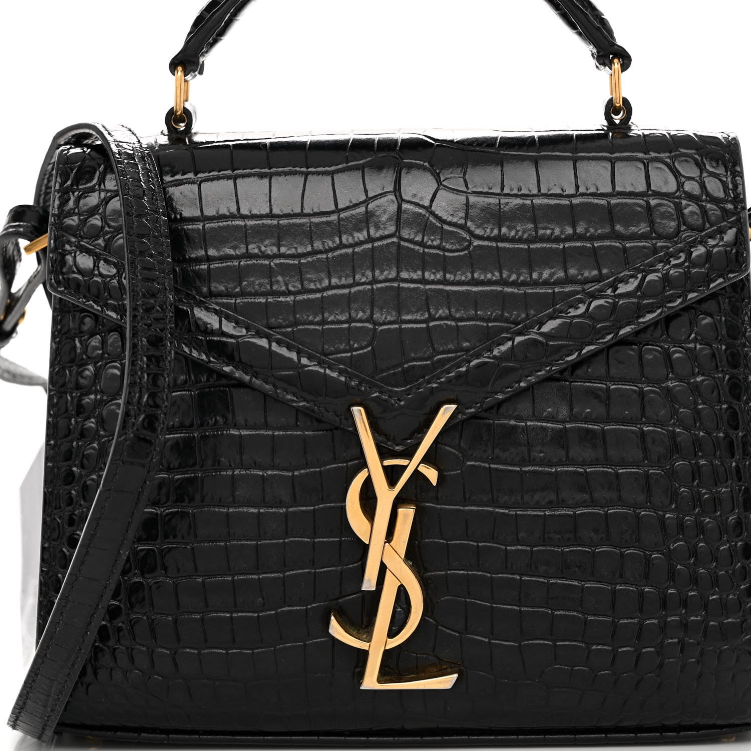 Saint Laurent Calfskin Crocodile Embossed Mini Classic Monogram Cassandra Top Handle Black 7 of 12