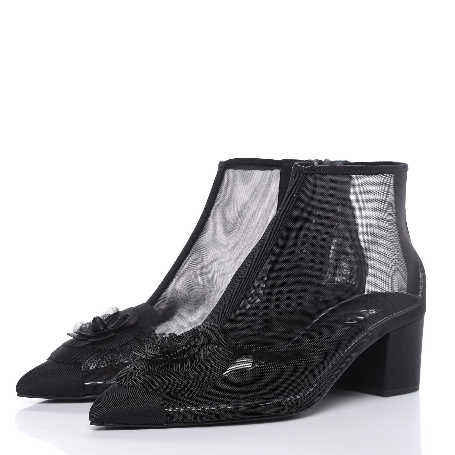 Chanel Mesh Grosgrain Camellia Short Boots 37.5 Black 3 of 8