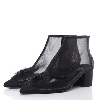 Chanel Mesh Grosgrain Camellia Short Boots 37.5 Black 3 of 8