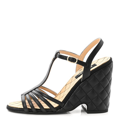 Chanel Grained Calfskin Quilted Wedge Sandals 38.5 Black 1 of 9