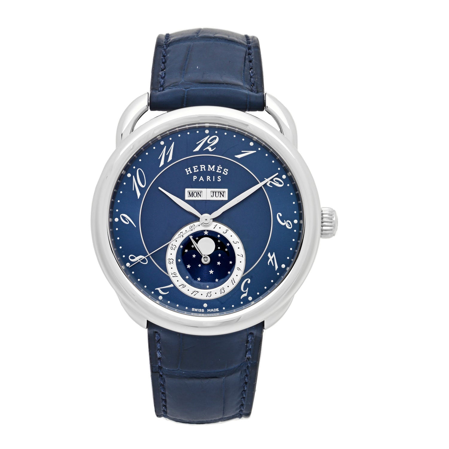 Hermes Stainless Steel Alligator 43mm Arceau Grande Lune Automatic Watch Bleu Abysse 1 of 5