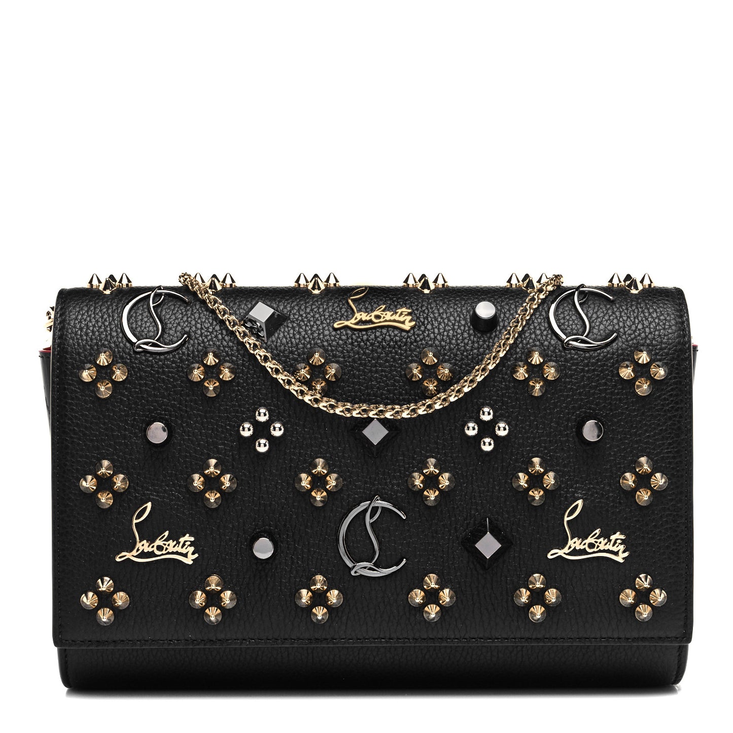 Grained Calfskin Spikes Loubinthesky Paloma Wallet On Chain Black Multimetal