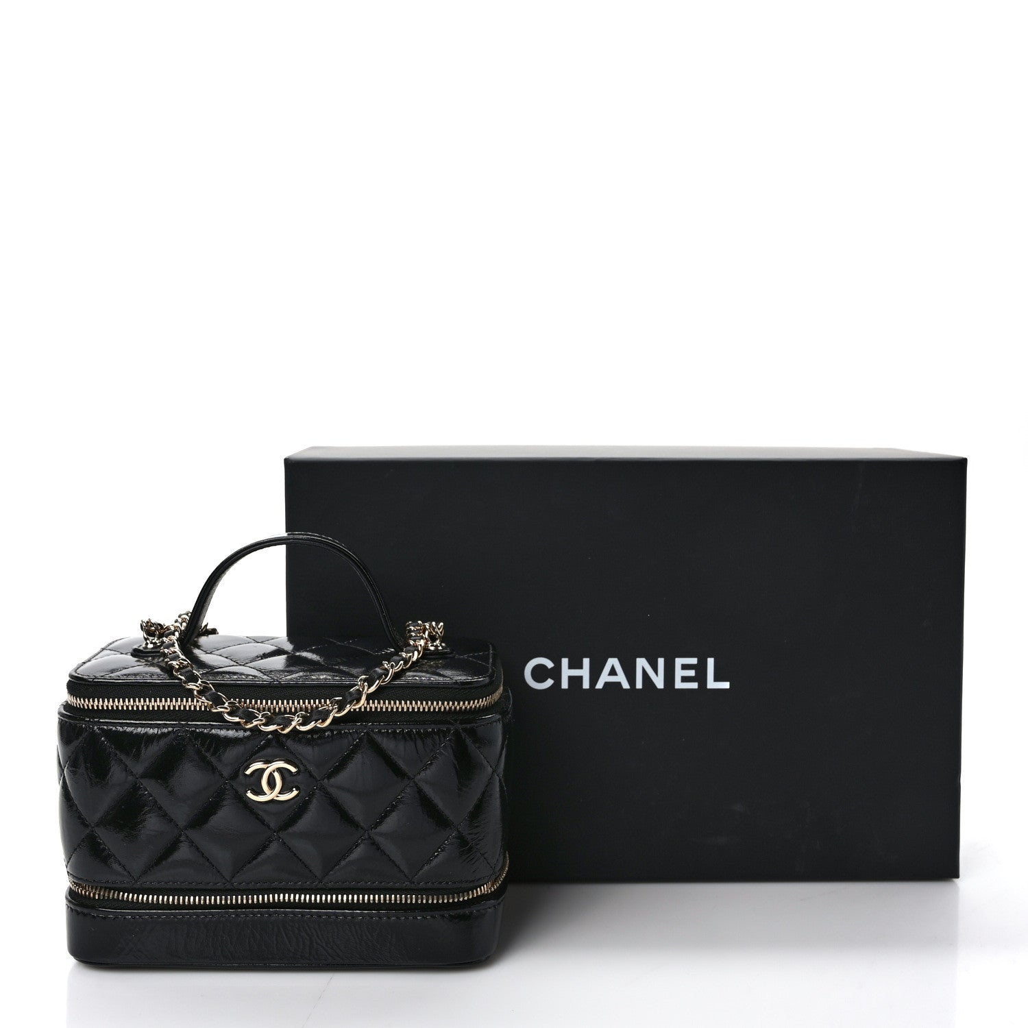 Chanel Shiny Lambskin Quilted Small Vanity Case With Chain Black 10 of 10