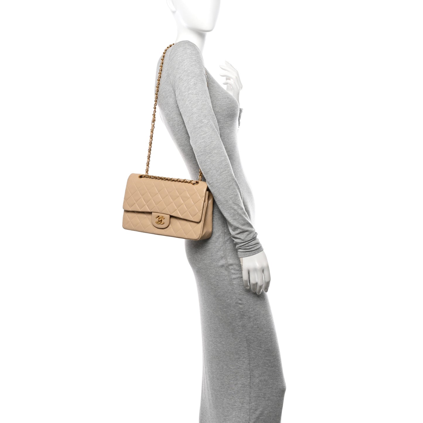 Lambskin Quilted Medium Double Flap Beige