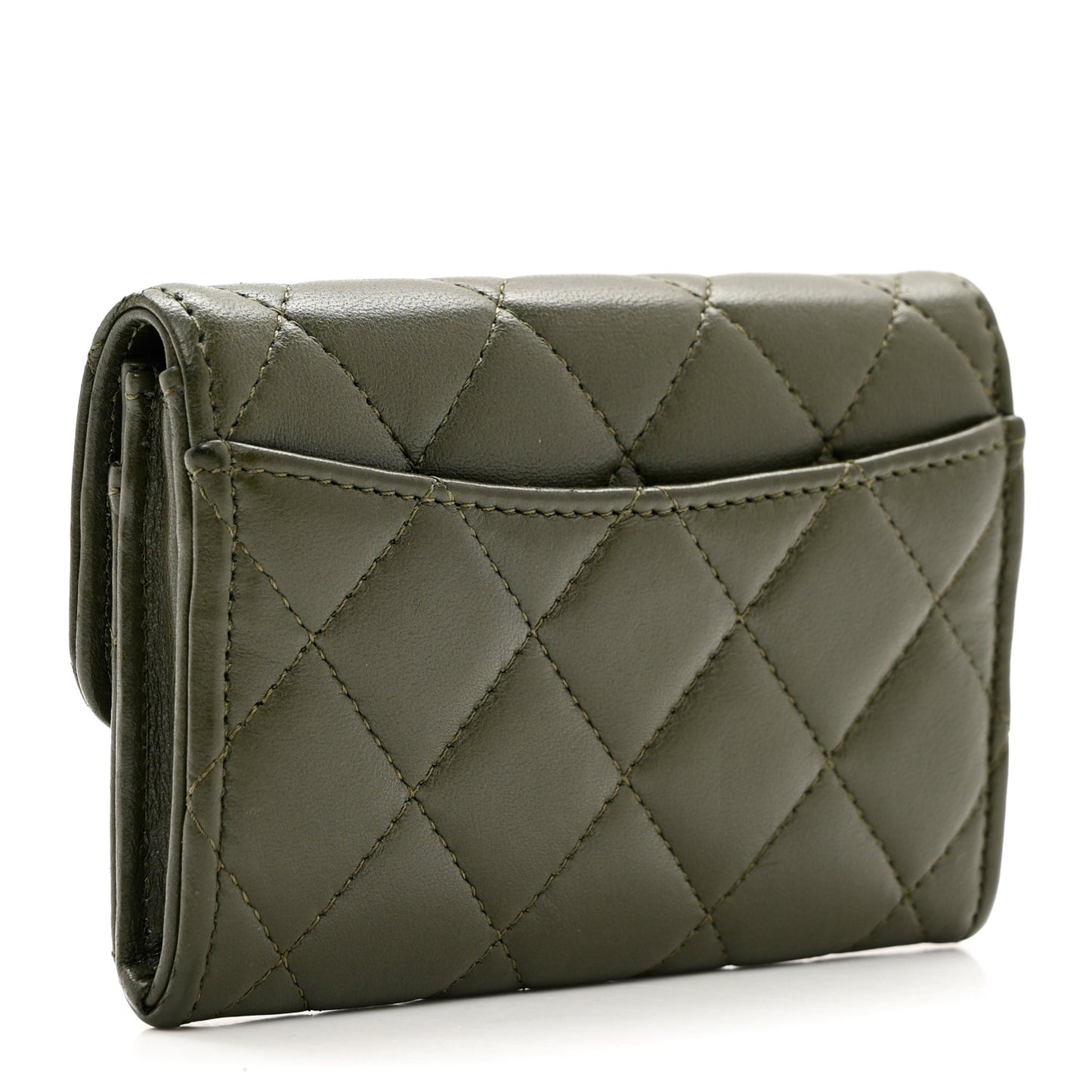 Lambskin Quilted Flap Card Holder Wallet Khaki