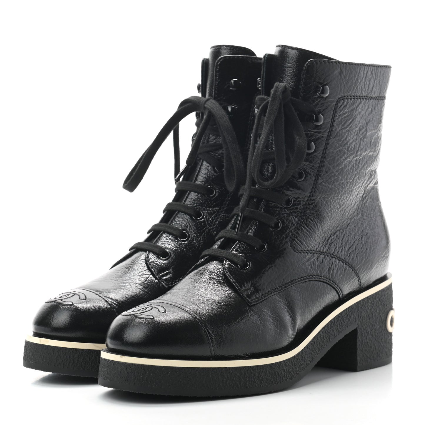 Shiny Crumpled Lambskin Lace Up Combat Boots 38.5 Black