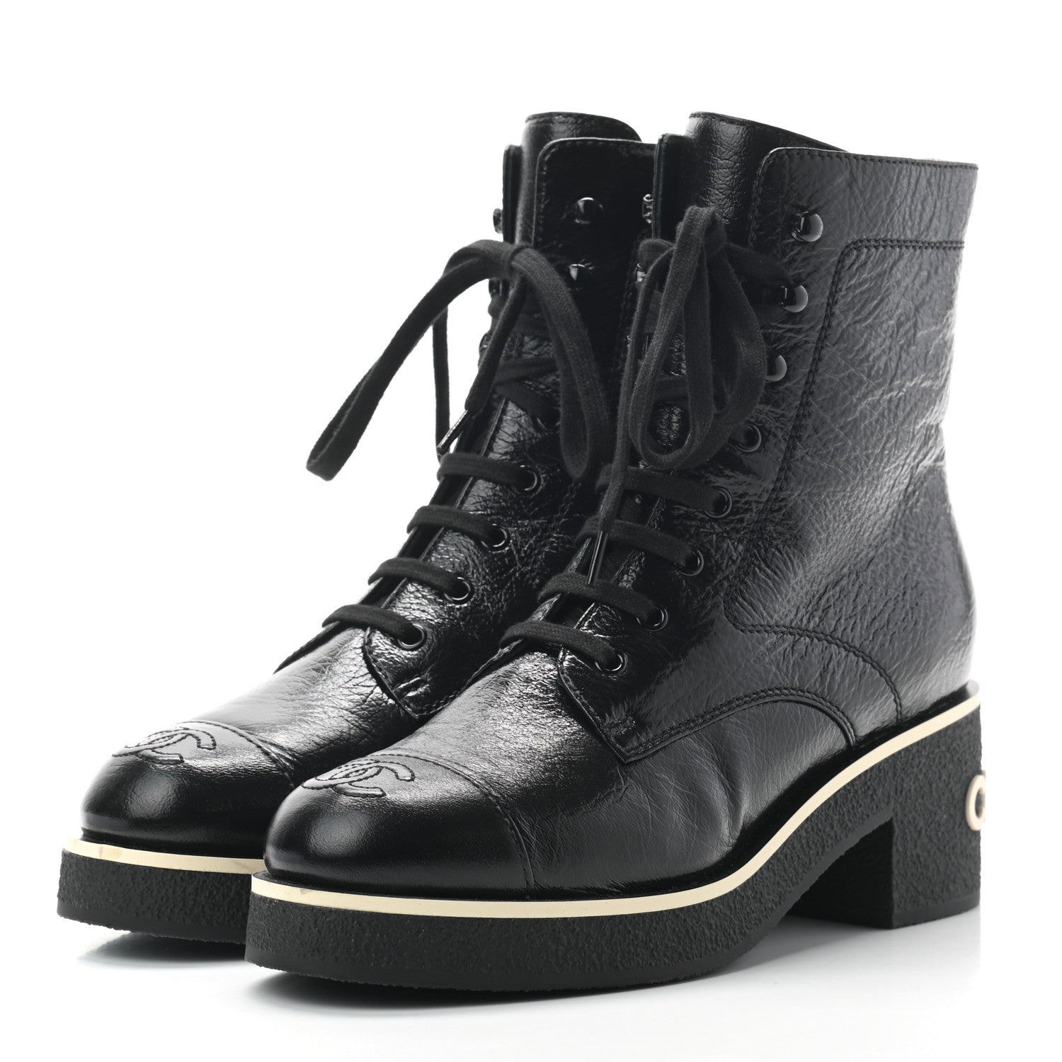 Chanel Shiny Crumpled Lambskin Lace Up Combat Boots 38.5 Black 3 of 7
