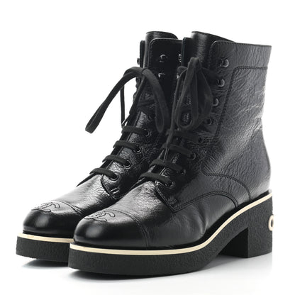Chanel Shiny Crumpled Lambskin Lace Up Combat Boots 38.5 Black 3 of 7