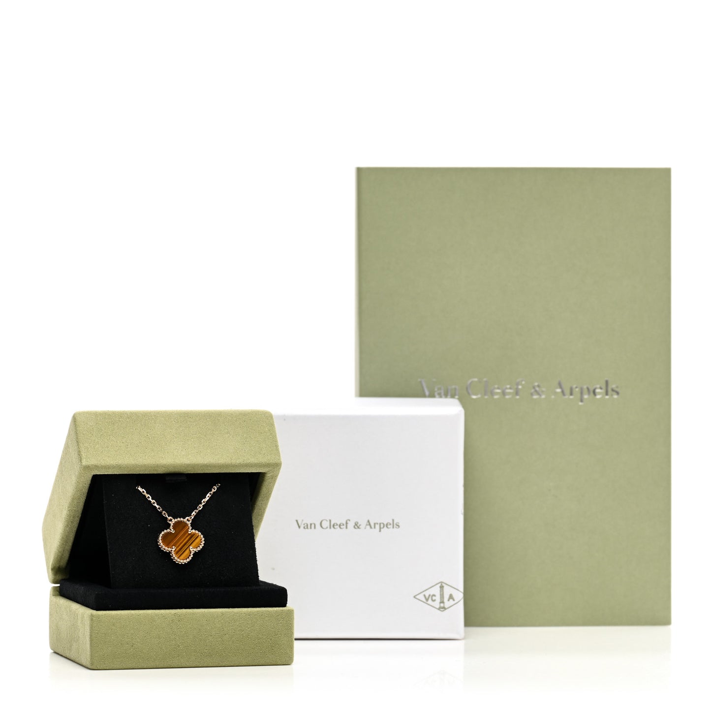 18K Yellow Gold Tiger Eye Vintage Alhambra Pendant Necklace