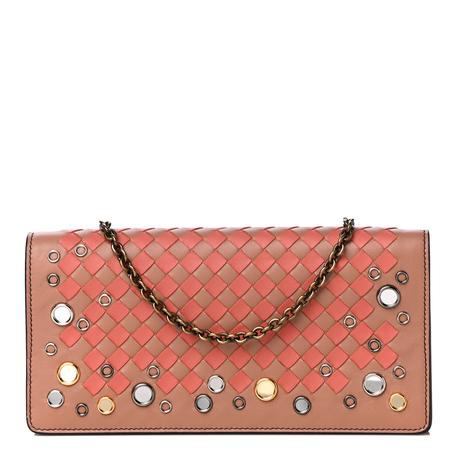 Bottega Veneta Nappa Intrecciato Studded Embellished Chain Wallet Tan Corallo 1 of 14