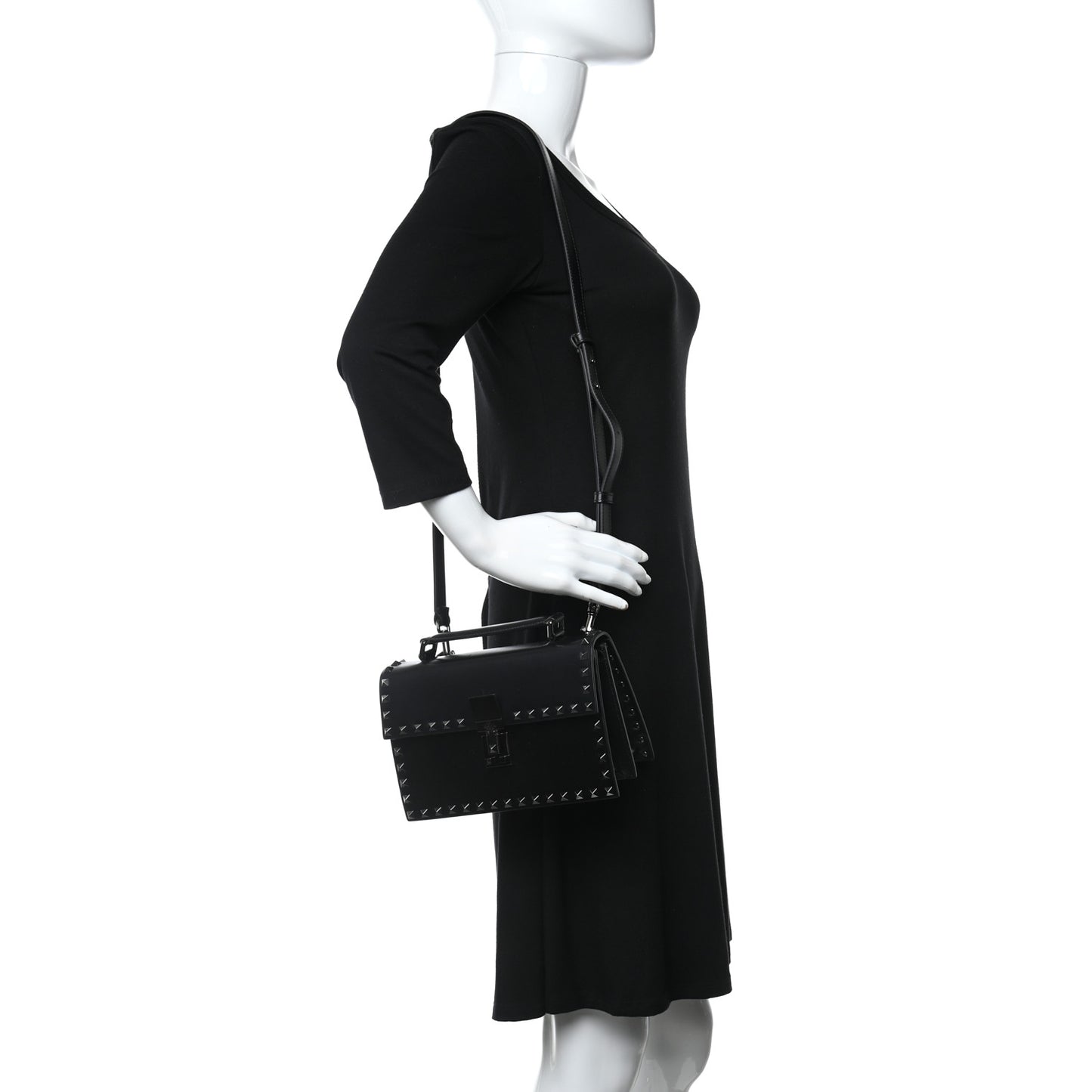 Calfskin Rockstud Flap Top Handle Crossbody Bag Black