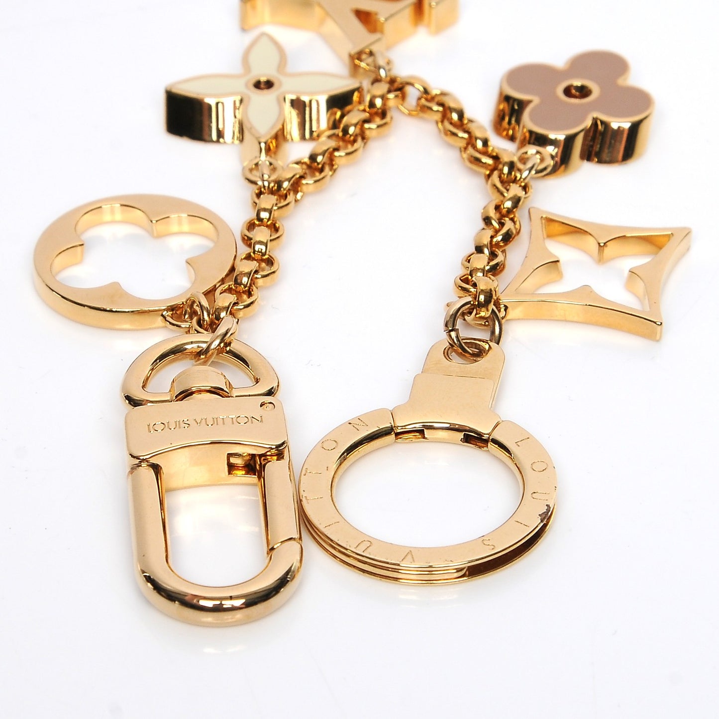 Brass Enamel Fleur De Monogram Bag Charm Chain Gold