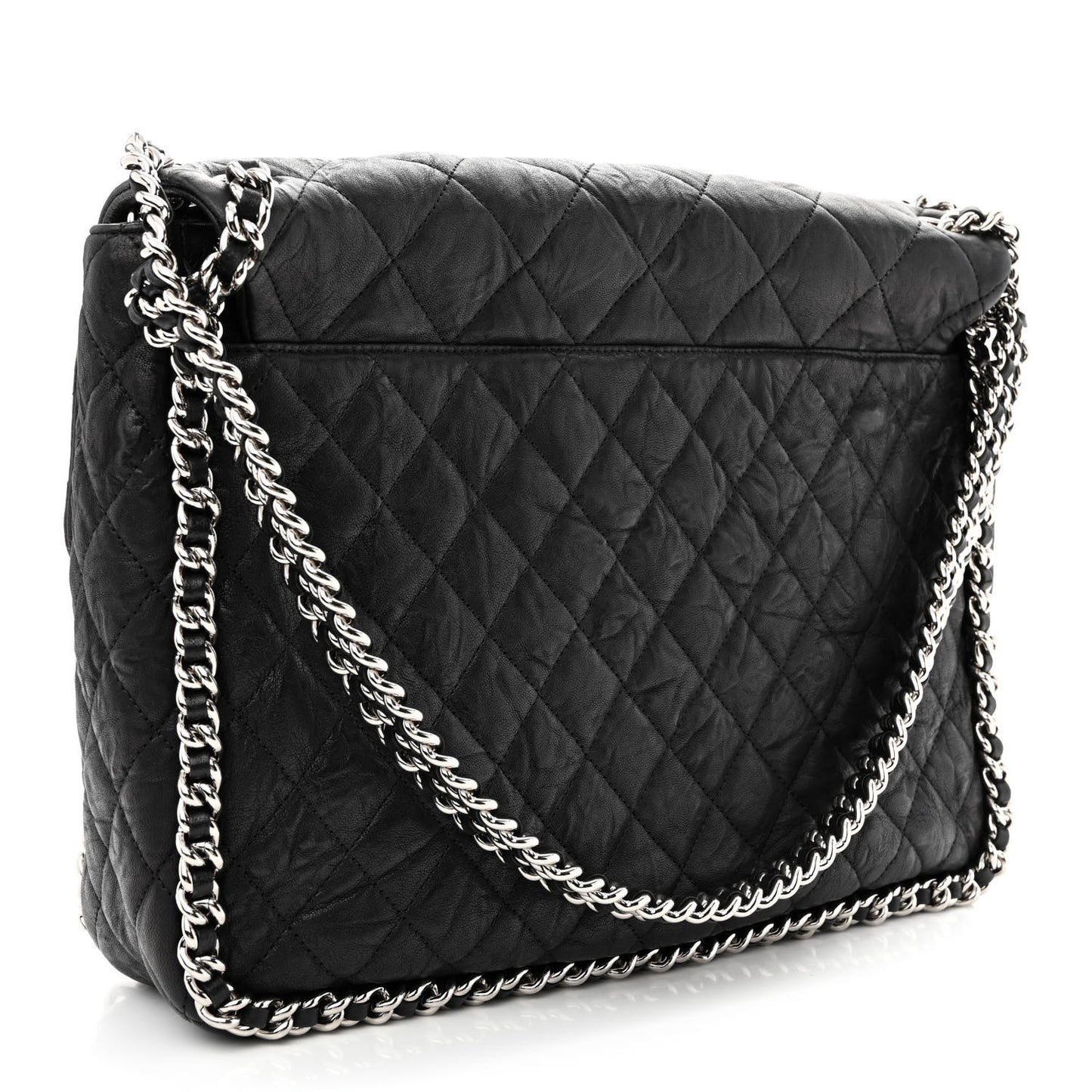 Washed Lambskin Quilted Maxi Chain Around Flap Black