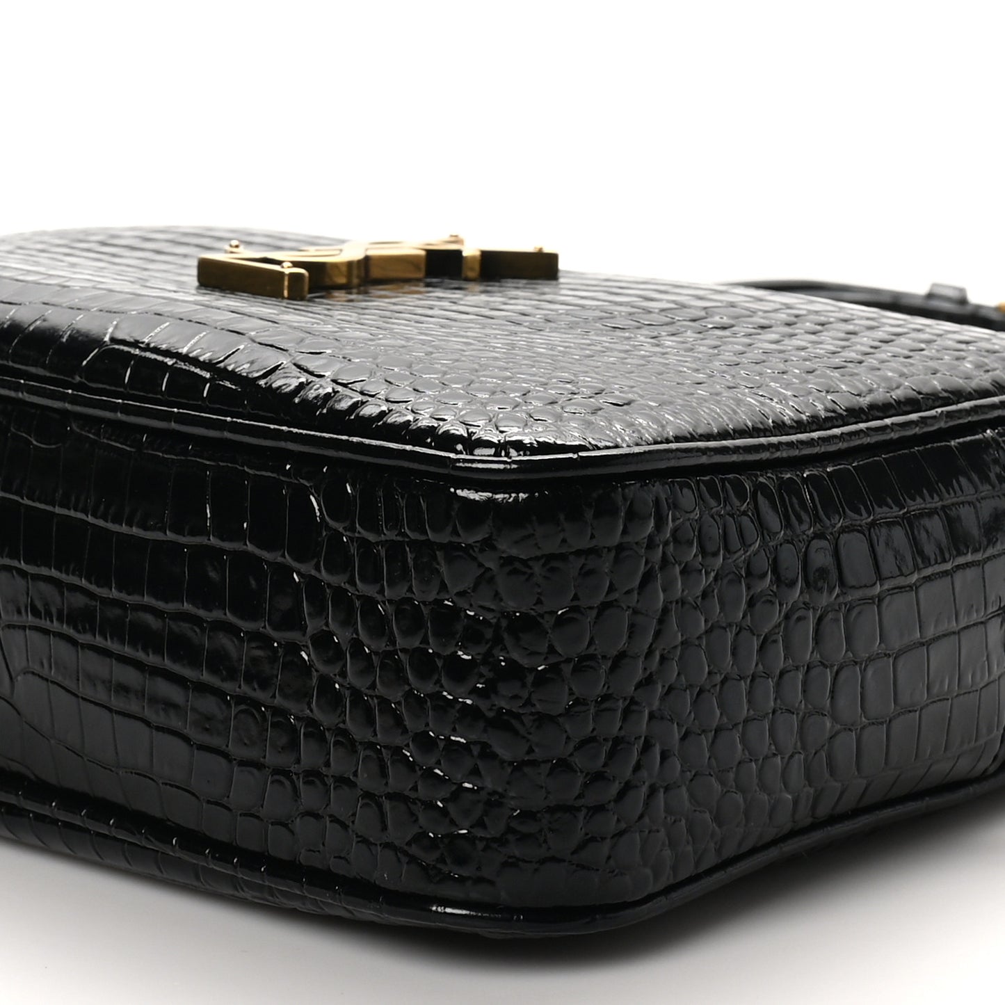 Patent Calfskin Crocodile Embossed Monogram Lou Camera Bag Black