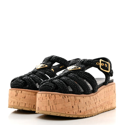 Prada Raffia Cork Metal Triangle Logo Crochet Fisherman Platform 75mm Sandals 38 Black 3 of 9