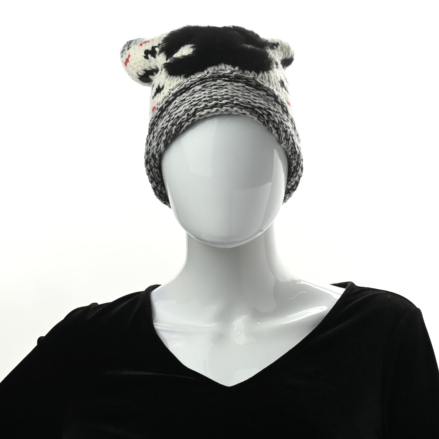 Wool Shearling CC Beanie Hat Ivory Black Red