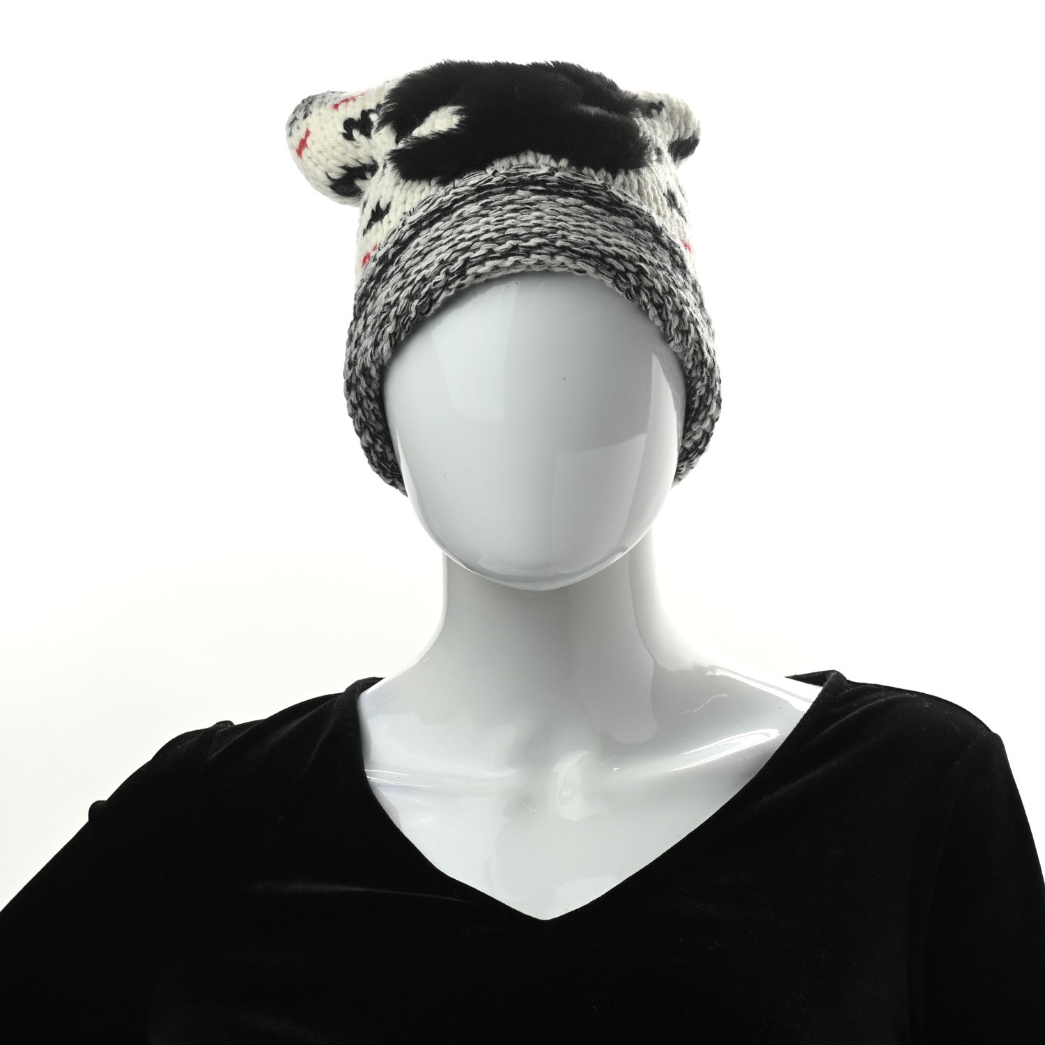 Chanel Wool Shearling CC Beanie Hat Ivory Black Red 2 of 5
