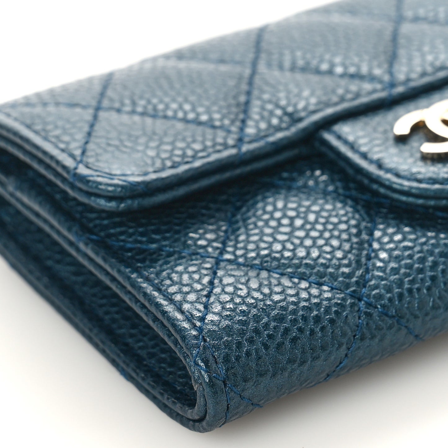 Metallic Caviar Quilted Flap Card Holder Wallet Dark Blue