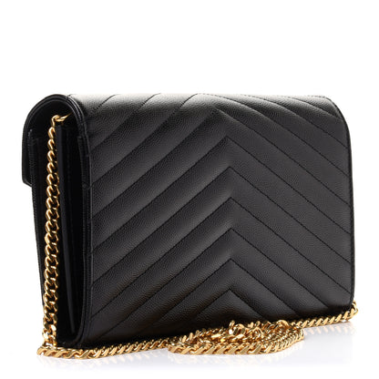 Saint Laurent Grain De Poudre Matelasse Chevron Monogram Chain Wallet Black 3 of 10
